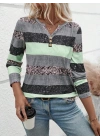 Kadın Uzun Kollu Yakadan Düğmeli çizgili Desenli Süprem Bluz