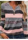 Kadın Uzun Kollu Yakadan Düğmeli çizgili Desenli Süprem Bluz