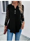 Kadın Uzun Kollu Yakadan Düğmeli Kolları Tül Detaylı Viskon Bluz