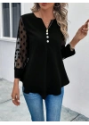 Kadın Uzun Kollu Yakadan Düğmeli Kolları Tül Detaylı Viskon Bluz