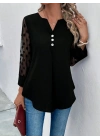 Kadın Uzun Kollu Yakadan Düğmeli Kolları Tül Detaylı Viskon Bluz