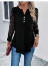 Kadın Uzun Kollu Yakadan Düğmeli Kolları Tül Detaylı Viskon Bluz