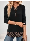 Kadın Uzun Kollu Yakadan Düğmeli Leopar Detaylı Kaşkorse Bluz