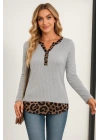 Kadın Uzun Kollu Yakadan Düğmeli Leopar Detaylı Kaşkorse Bluz