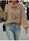 Kadın Uzun Kollu Yakadan Fiyonklu Incili Ithal Krep Bluz
