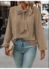 Kadın Uzun Kollu Yakadan Fiyonklu Incili Ithal Krep Bluz