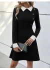 Kadın Uzun Kollu Yakalı A Kesim Kısa Ithal Krep Elbise