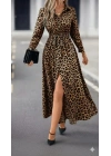 Kadın Uzun Kollu Yakalı Belden Kuşaklı Leopar Desenli Modal Uzun Elbise
