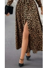 Kadın Uzun Kollu Yakalı Belden Kuşaklı Leopar Desenli Modal Uzun Elbise
