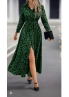 Kadın Uzun Kollu Yakalı Belden Kuşaklı Leopar Desenli Modal Uzun Elbise