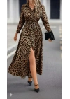 Kadın Uzun Kollu Yakalı Belden Kuşaklı Leopar Desenli Modal Uzun Elbise