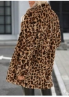 Kadın Uzun Kollu Yakalı Cepli Kısa Peluş Leopar Kaban