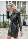 Kadın Uzun Kollu Yakalı Cepli önü Fermuarlı Mini Deri Elbise