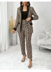 Kadın Uzun Kollu Yakalı Desenli Dalgıç Ceket Bluz Ve Pantolon üçlü Takım
