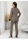 Kadın Uzun Kollu Yakalı Desenli Dalgıç Ceket Bluz Ve Pantolon üçlü Takım
