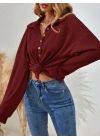Kadın Uzun Kollu Yakalı Düğmeli Salaş Waffle Bluz