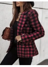 Kadın Uzun Kollu Yakalı Kare Desenli Ekoseli Düğmeli Ceket