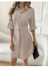 Kadın Uzun Kollu Yakalı önden Düğmeli Beli Kuşaklı Mini Ithal Keten Elbise
