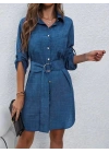 Kadın Uzun Kollu Yakalı önden Düğmeli Beli Kuşaklı Mini Ithal Keten Elbise