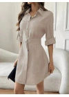 Kadın Uzun Kollu Yakalı önden Düğmeli Beli Kuşaklı Mini Ithal Keten Elbise