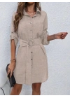 Kadın Uzun Kollu Yakalı önden Düğmeli Beli Kuşaklı Mini Ithal Keten Elbise