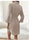 Kadın Uzun Kollu Yakalı önden Düğmeli Beli Kuşaklı Mini Ithal Keten Elbise