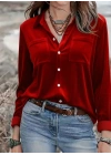 Kadın Uzun Kollu Yakalı önden Düğmeli Cep Detaylı Kadife Gömlek
