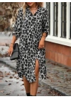 Kadın Uzun Kollu Yakalı önden Düğmeli Leopar Desenli Modal Midi Elbise