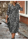 Kadın Uzun Kollu Yakalı önden Düğmeli Leopar Desenli Modal Midi Elbise