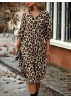 Kadın Uzun Kollu Yakalı önden Düğmeli Leopar Desenli Modal Midi Elbise