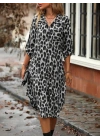 Kadın Uzun Kollu Yakalı önden Düğmeli Leopar Desenli Modal Midi Elbise