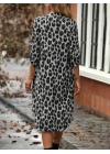 Kadın Uzun Kollu Yakalı önden Düğmeli Leopar Desenli Modal Midi Elbise