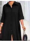 Kadın Uzun Kollu Yakalı önden Düğmeli Uzun Dokuma Elbise