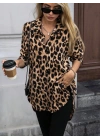 Kadın Uzun Kollu Yakalı önden Düğmeli Yandan Bağcıklı Leopar Desenli Modal Bluz