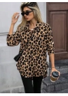 Kadın Uzun Kollu Yakalı önden Düğmeli Yandan Bağcıklı Leopar Desenli Modal Bluz