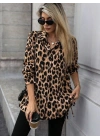 Kadın Uzun Kollu Yakalı önden Düğmeli Yandan Bağcıklı Leopar Desenli Modal Bluz