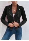 Kadın Uzun Kollu Yakalı önden Fermuarlı Kısa Süet Ceket