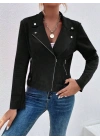 Kadın Uzun Kollu Yakalı önden Fermuarlı Kısa Süet Ceket
