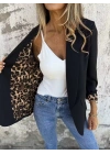 Kadın Uzun Kollu Yakalı önü Açık Leopar Desen Detaylı Astarlı Atlas Ceket