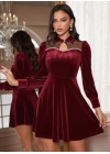Kadın Uzun Kollu Yakalı Tül Detaylı Incili Mini Kadife Elbise