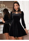 Kadın Uzun Kollu Yakalı Tül Detaylı Incili Mini Kadife Elbise