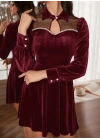 Kadın Uzun Kollu Yakalı Tül Detaylı Incili Mini Kadife Elbise
