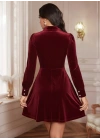 Kadın Uzun Kollu Yakalı Tül Detaylı Incili Mini Kadife Elbise
