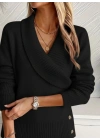 Kadın Uzun Kollu Yakalı Yandan Düğmeli Triko Bluz