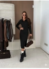 Kadın Uzun Kollu Yakalı Yandan Yırtmaçlı Midi Modal Elbise