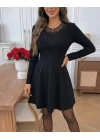 Kadın Uzun Kollu Yakası Dantelli Mini Ithal Krep Elbise