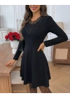 Kadın Uzun Kollu Yakası Dantelli Mini Ithal Krep Elbise