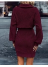 Kadın Uzun Kollu Yakası Fermuarlı Mini Triko Elbise