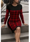 Kadın Uzun Kollu Yanları Siyah şerit Detay Kırmızı Ekoseli Dalgıç Elbise