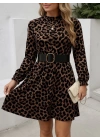 Kadın Uzun Kollu Yarı Balıkçı Yaka Leopar Desenli Kadife Elbise